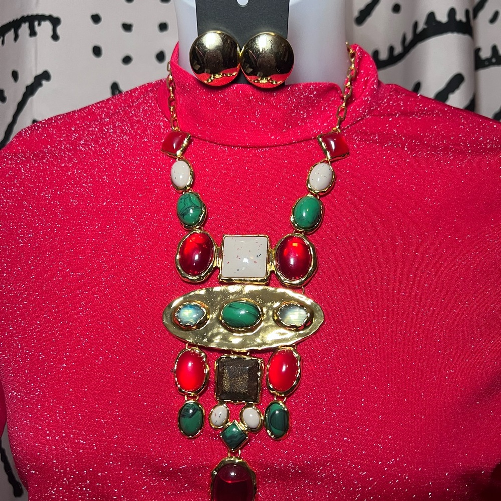 Gold and Red Statement Necklace and Earring Set